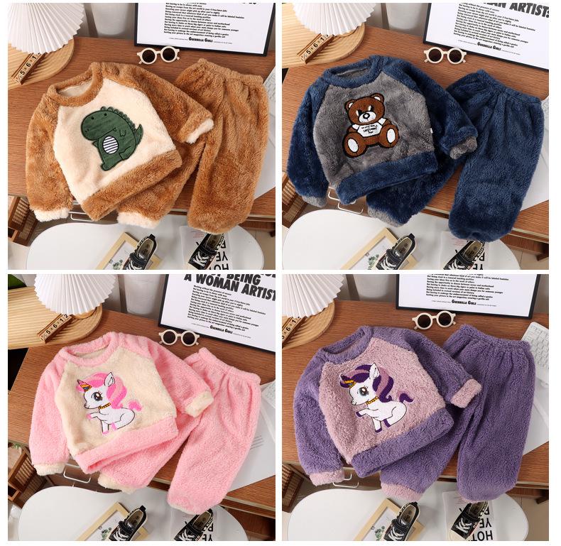 Kids' Flannel Pajama Set - Thick Coral Fleece, Long-Sleeved, One-Piece Sleepwear for Boys & Girls, Perfect for Autumn/Winter.