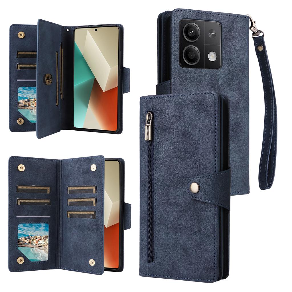 For Xiaomi Redmi Note 13 5G Leather Case Rivet Decor 9 Card Holder Slots Zipper Pocket Cover