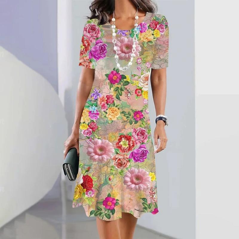 Elegant Floral Print Midi Dress Summer Women's Loose A-Line Dress Digital Printing Round Neck Short Sleeve Comfortable Fit