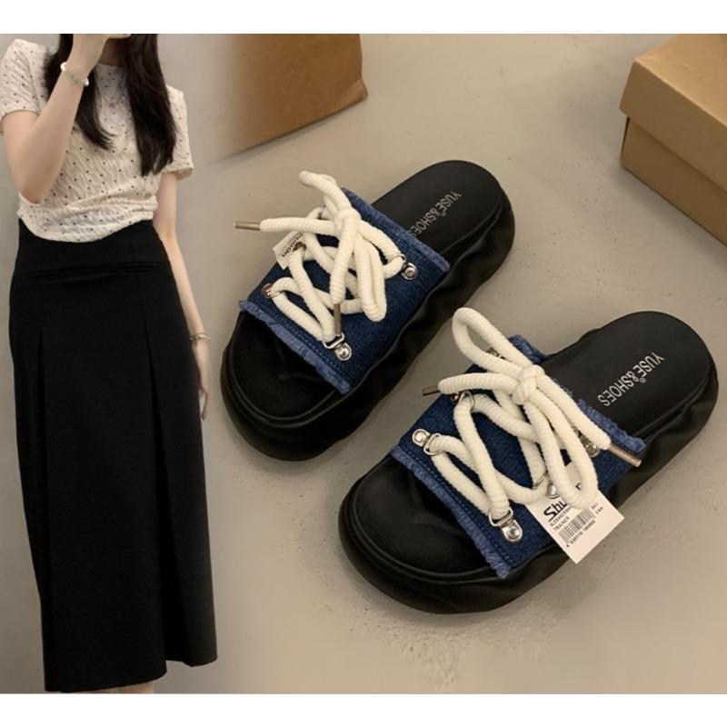 

Fashion Women Cowboy Slippers Lace-Up Flat Sandals Platform Casual Shoes 2025 Trend Comfort Summer Open Toe Mujer Slides 35 синий