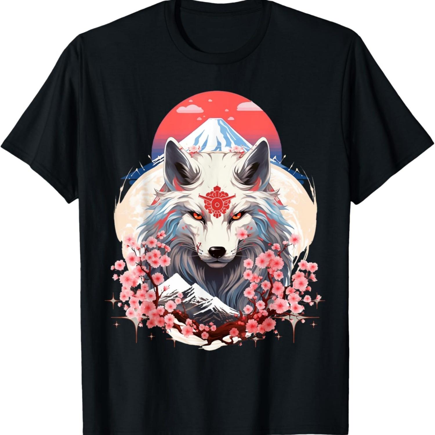 Okami Wolf Anime Fuji Mountain Cherry Blossom T-Shirt S чёрный