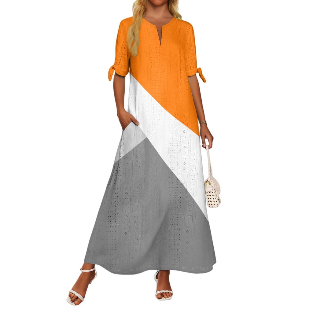 Ladies Casual Fashion Temperament Elegant Waist Patchwork Print Long Dress