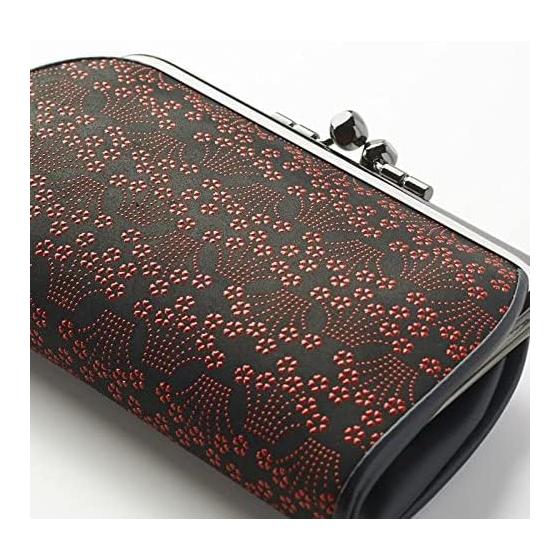 Inden-ya Genuine Leather Parent-Child Gamaguchi Coin Purse, Black x Red Lacquer, Small Cherry Blossom & Iris, Coin Case for Women, Leather Gift,