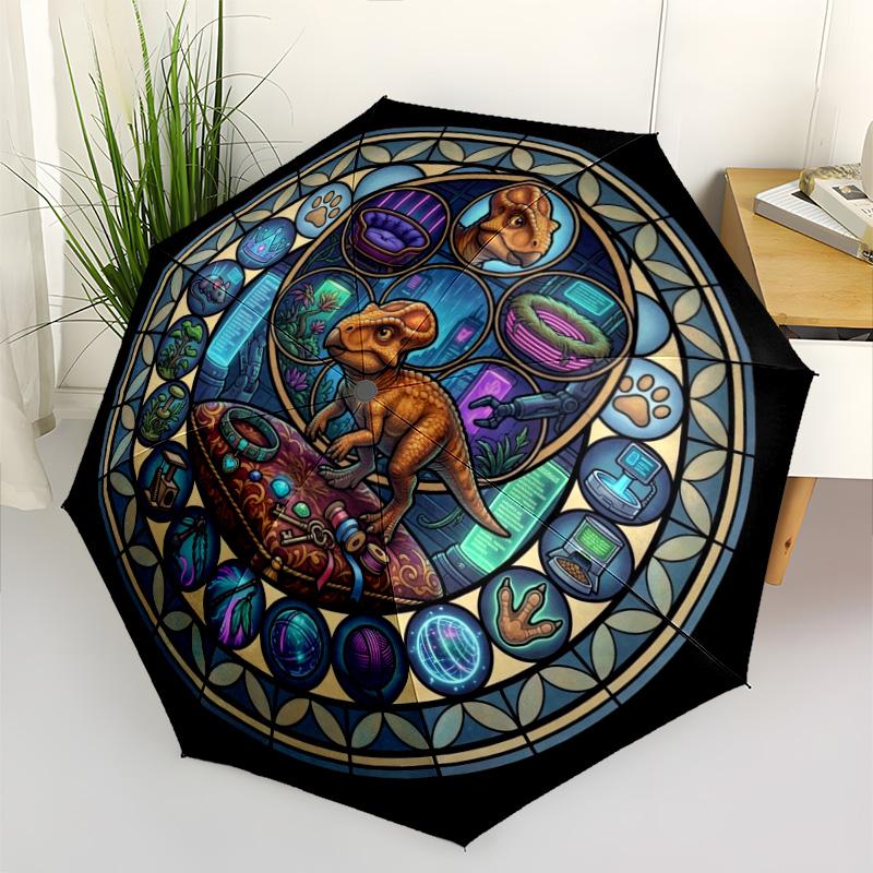 Dinosaur Kingdom Glass pattern umbrella, portable and foldable design, 8 ribs, a casual accessory for Halloween, Christmas, and birthday gifts.