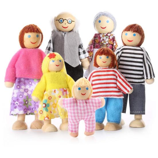 7Pcs/Set Kids Girls Lovely Family Dolls 7 People Play Set Wooden Figures Kit Pretend Gifts for Children House