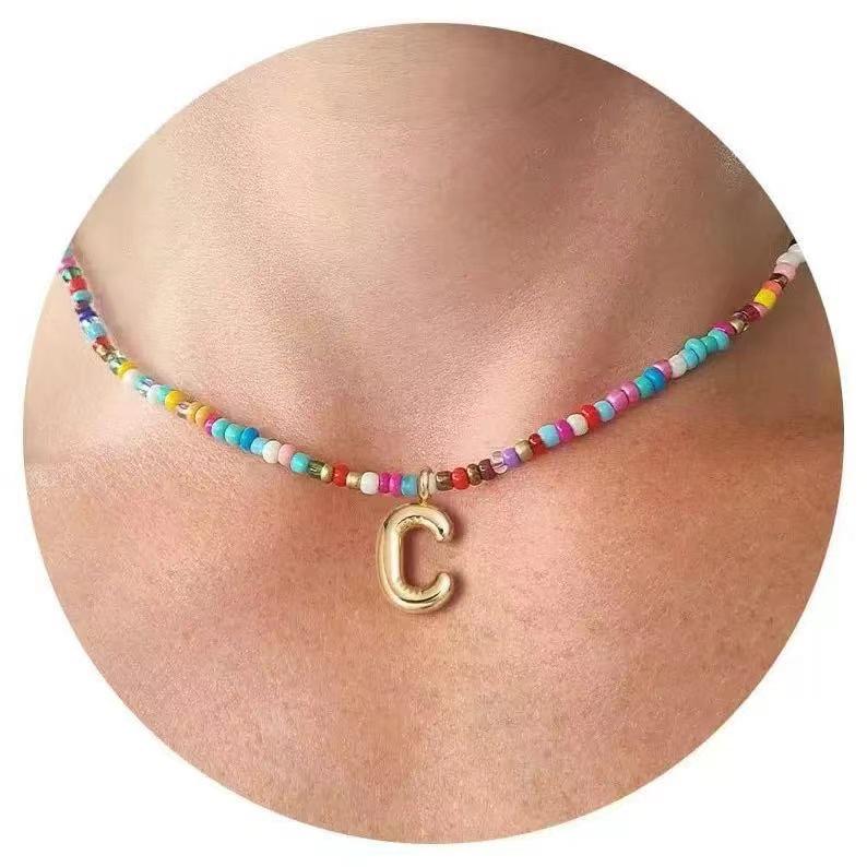 Stainless Steel Gold Bubble Letter Necklace with Colorful Beads