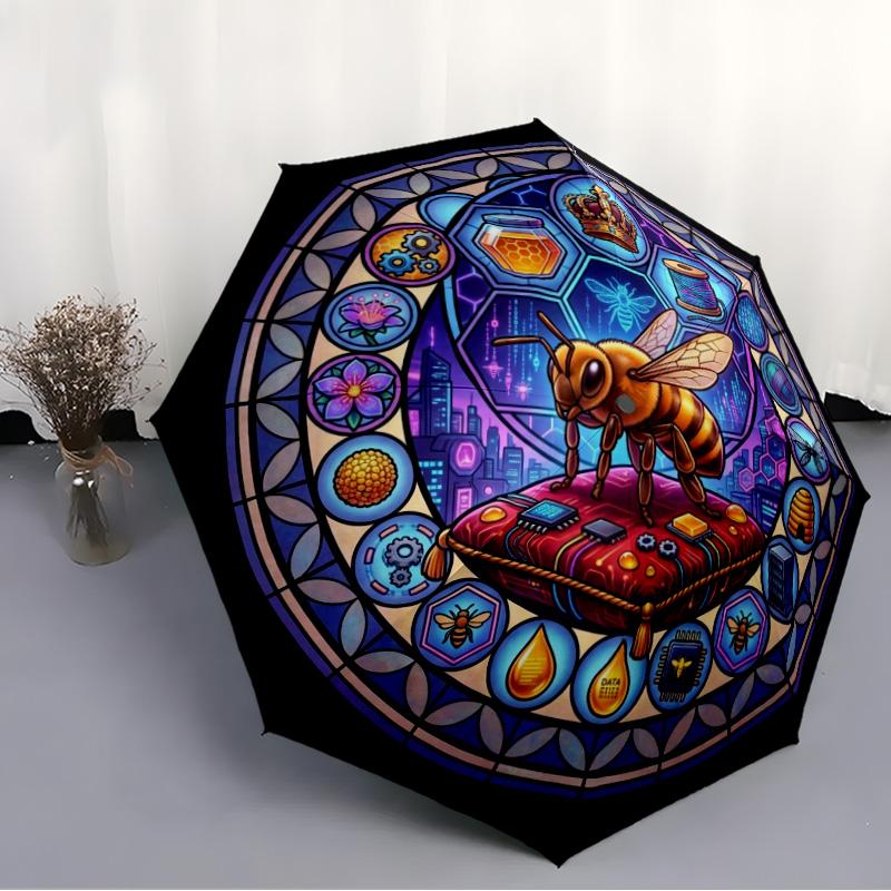 Cybernetic Moth Mandala pattern umbrella, portable and foldable design, 8 ribs, a casual accessory for Halloween, Christmas, and birthday gifts.
