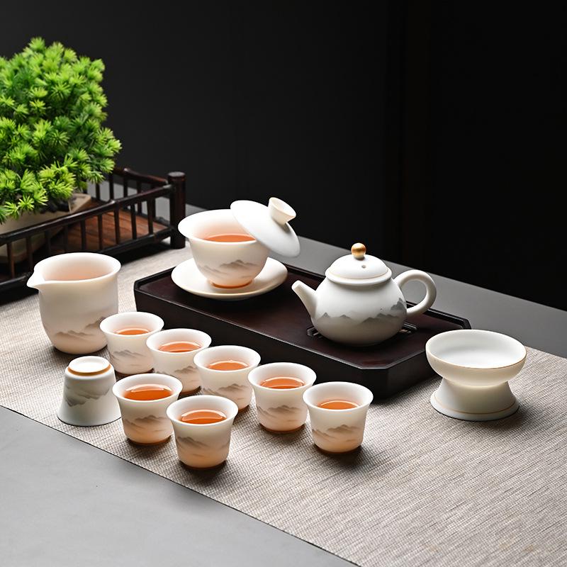 Kung Fu Mutton Fat Jade Gaiwan Teapot Set - Gold-Painted Luxury Tea Set