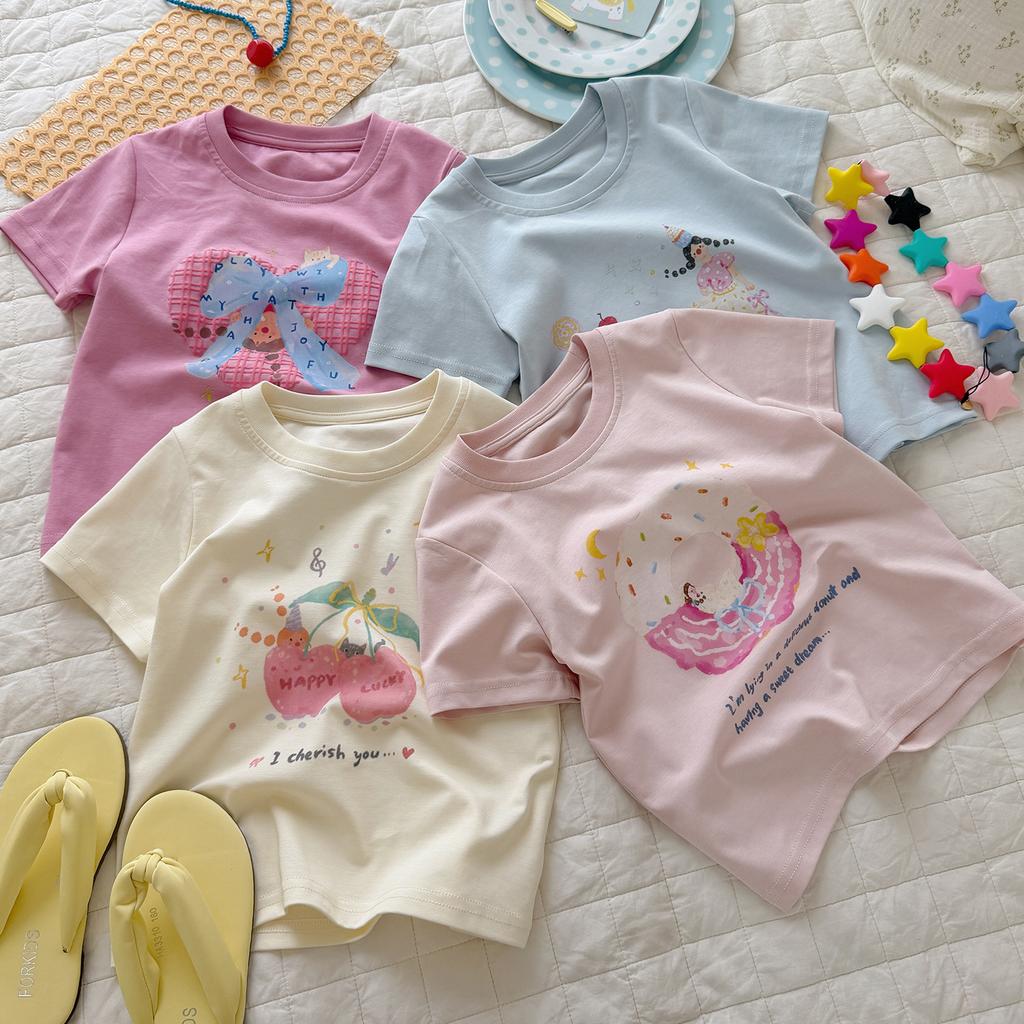 Girls Summer Cotton Short Sleeve T Shirt Cute Cartoon Print Pastel Sweet Top
