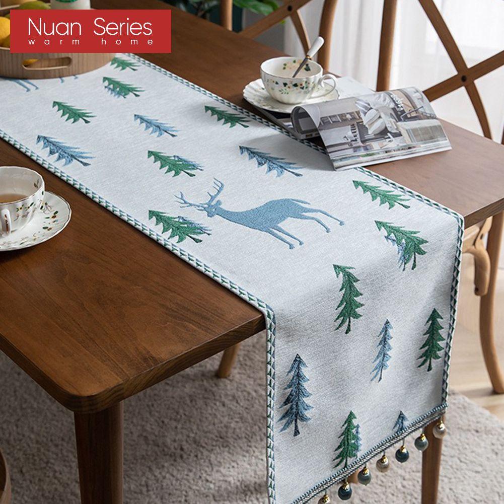 1PC Nuan Series American Rural Square Table Runner, Christmas Elk Pine Tree Pattern Table Flag for Kitchen Dinner Table Home Decor