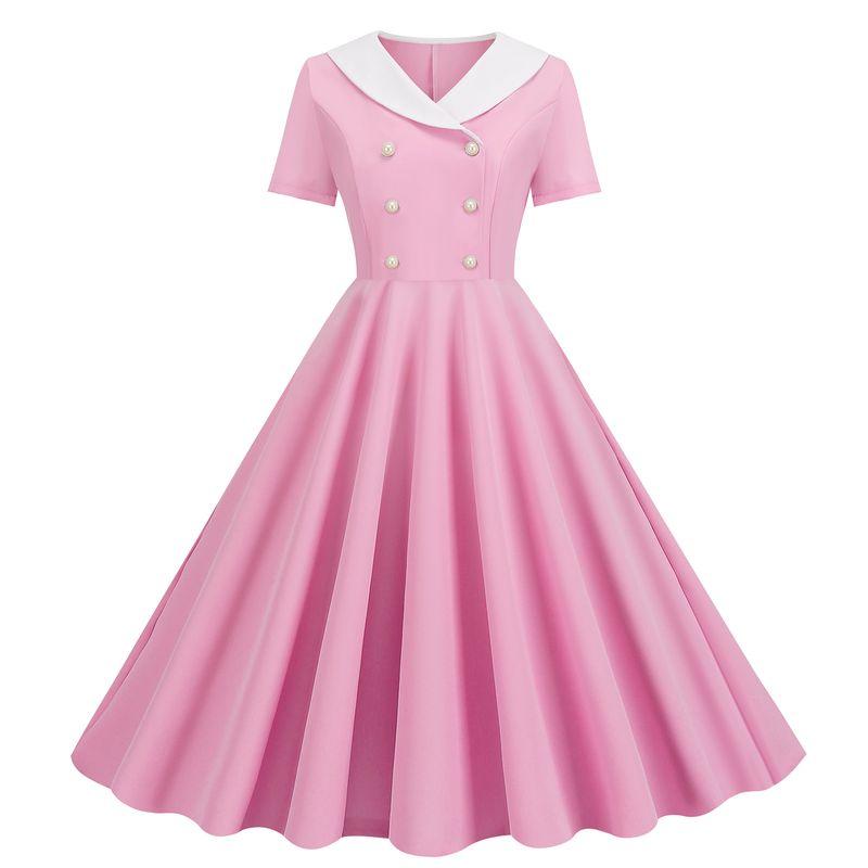 

Sweet Spring, Summer and Autumn New Doll Collar Double Breasted Slim-Fit Pink Short Sleeve Casual Mid-Length Large Swing Dress Women Pink L