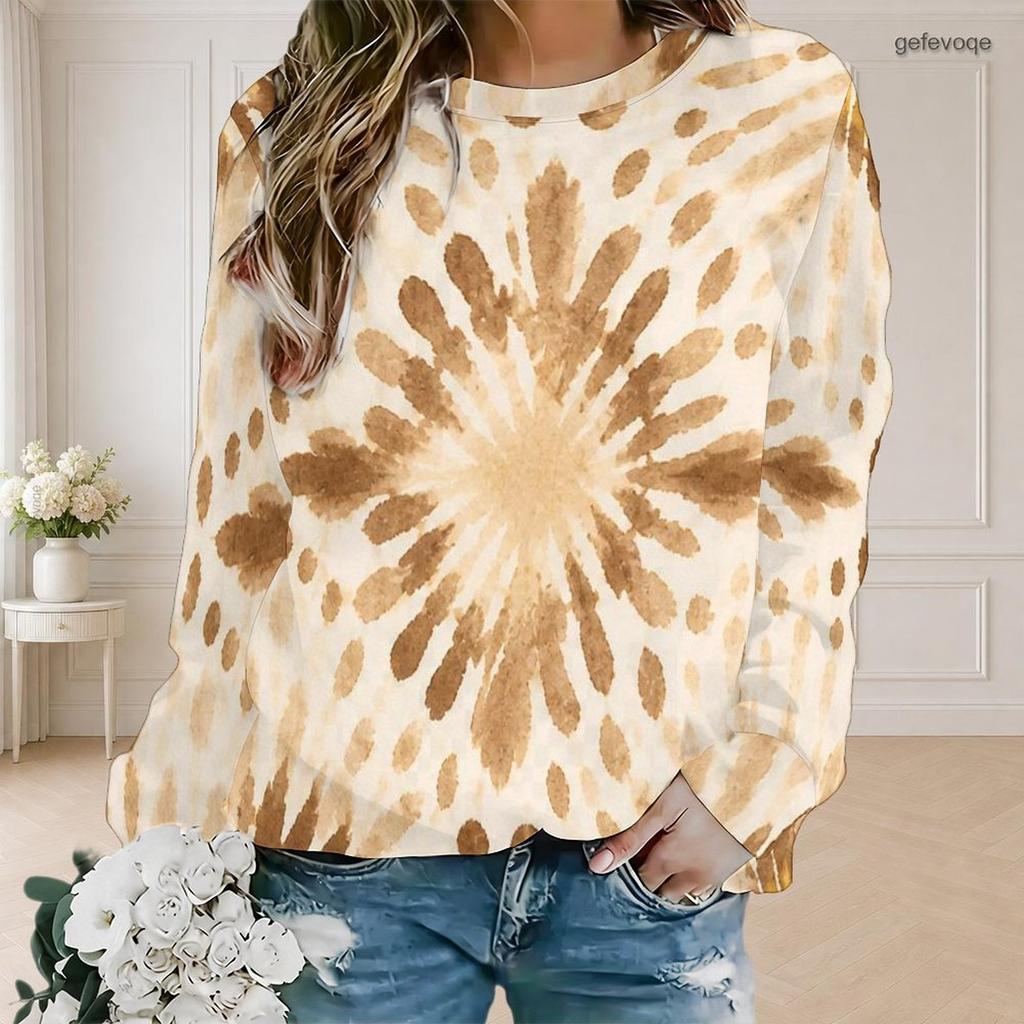 Women Plus Size Round Neck Long Sleeve Green Beige Abstract Printed Sweatshirt Ribbed Cuffs Pullover