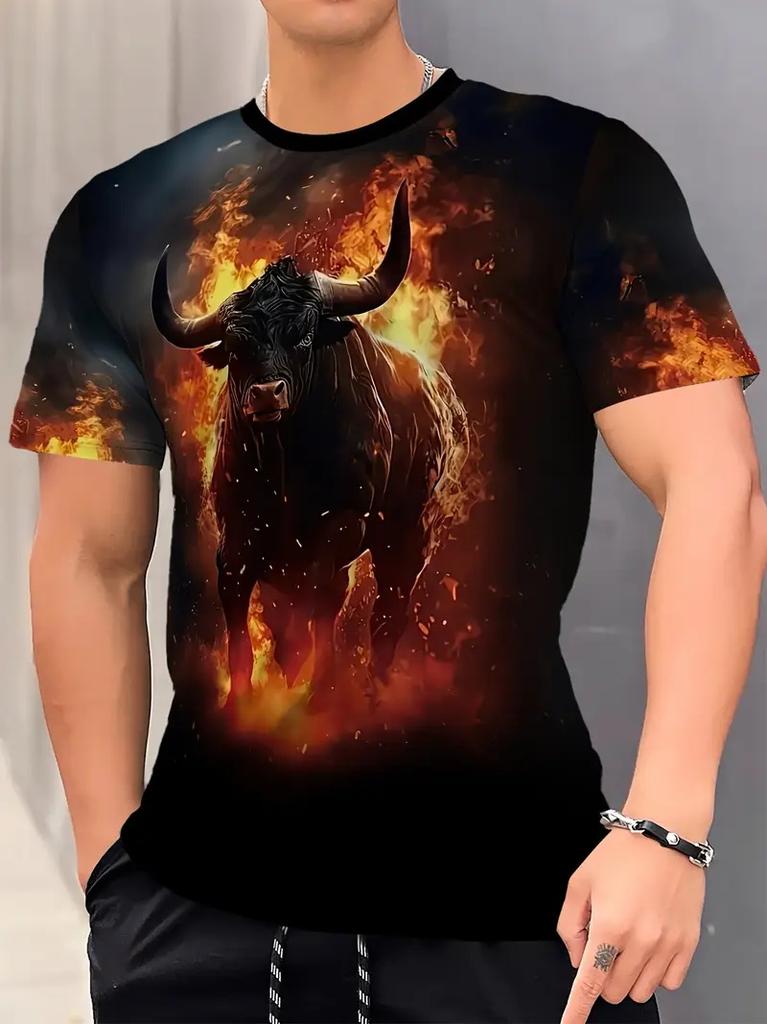 Fun Bull Pattern 3D Printed T-shirt Summer Men's Casual Fashion Round Neck Fashion Trendy Harajuku Personalized Short Sleeve Street Wear