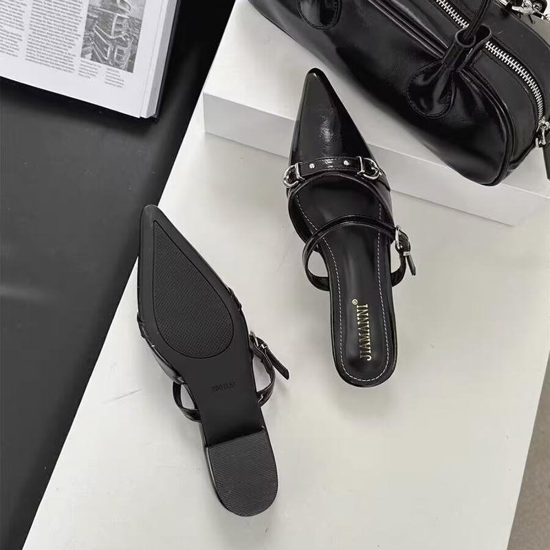 New Summer Elegant Pointed Toe Outside Beach Mid-heeled Slippers Fashionable Comfortable Casual Buckle Work Slippers for Women