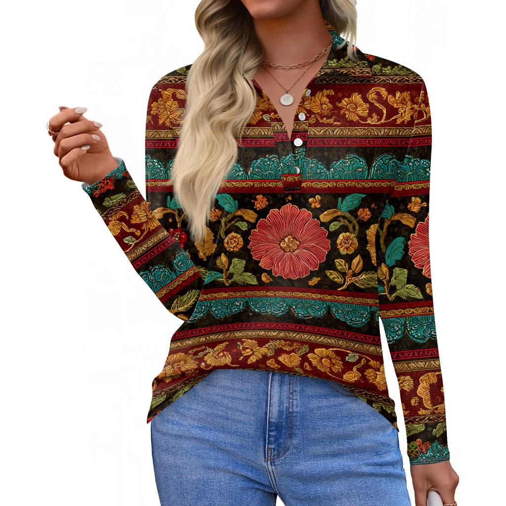 Women's Fashion Casual Lapel Short Long Sleeve Print Shirt Women's Button Up Tops