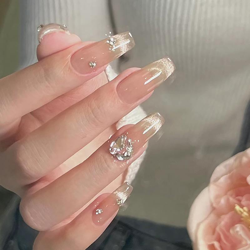 

Nude Gradient Cat Eye Glitter Diamond Bridal False Nails Glue Kit