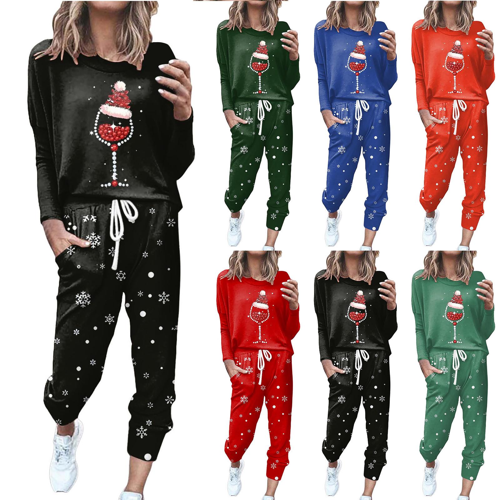 

Женский костюм с круглым вырезом и длинными рукавами, рождественский повседневный костюм с принтом красного вина и бокала, длинные брюки с карманами