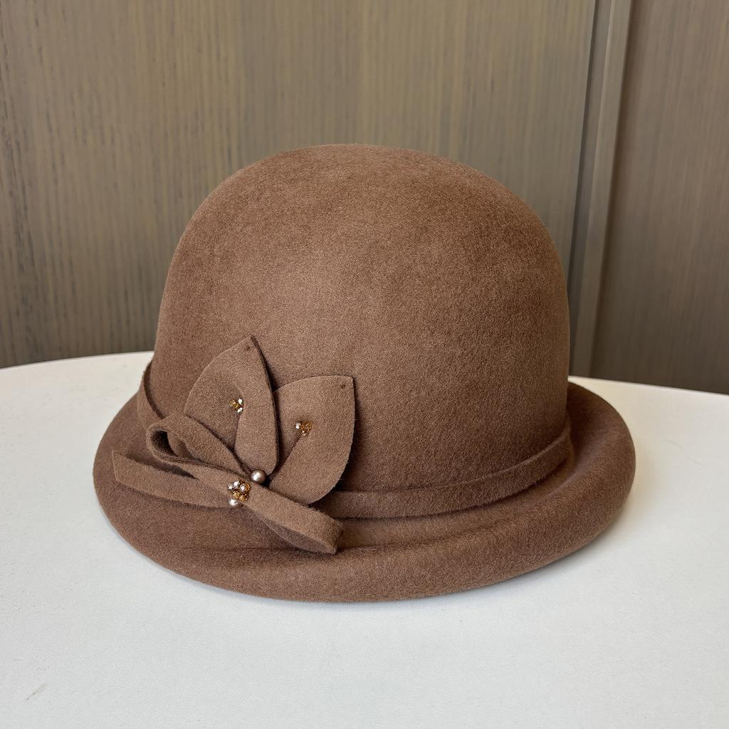 Ladies Crimped Bucket Hat Elegant Versatile Felt Hat Three-Dimensional Flower Woolen Top Hat Autumn And Winter Retro Pot Hat