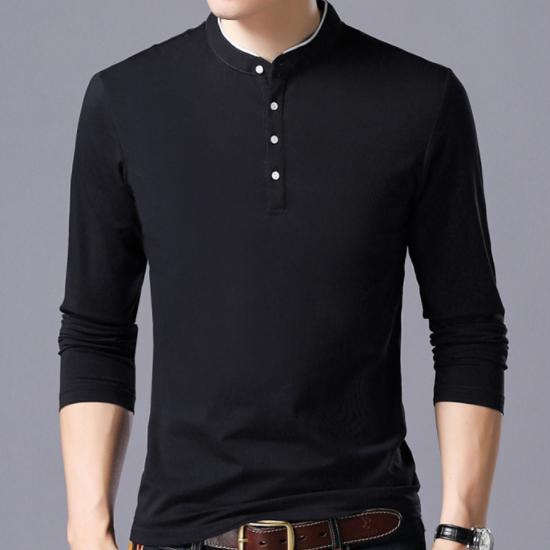 

Мужская футболка с воротником-стойкой и длинным рукавом, лоскутная рубашка на пуговицах для отдыха, мужские топы M-4XL M чёрный