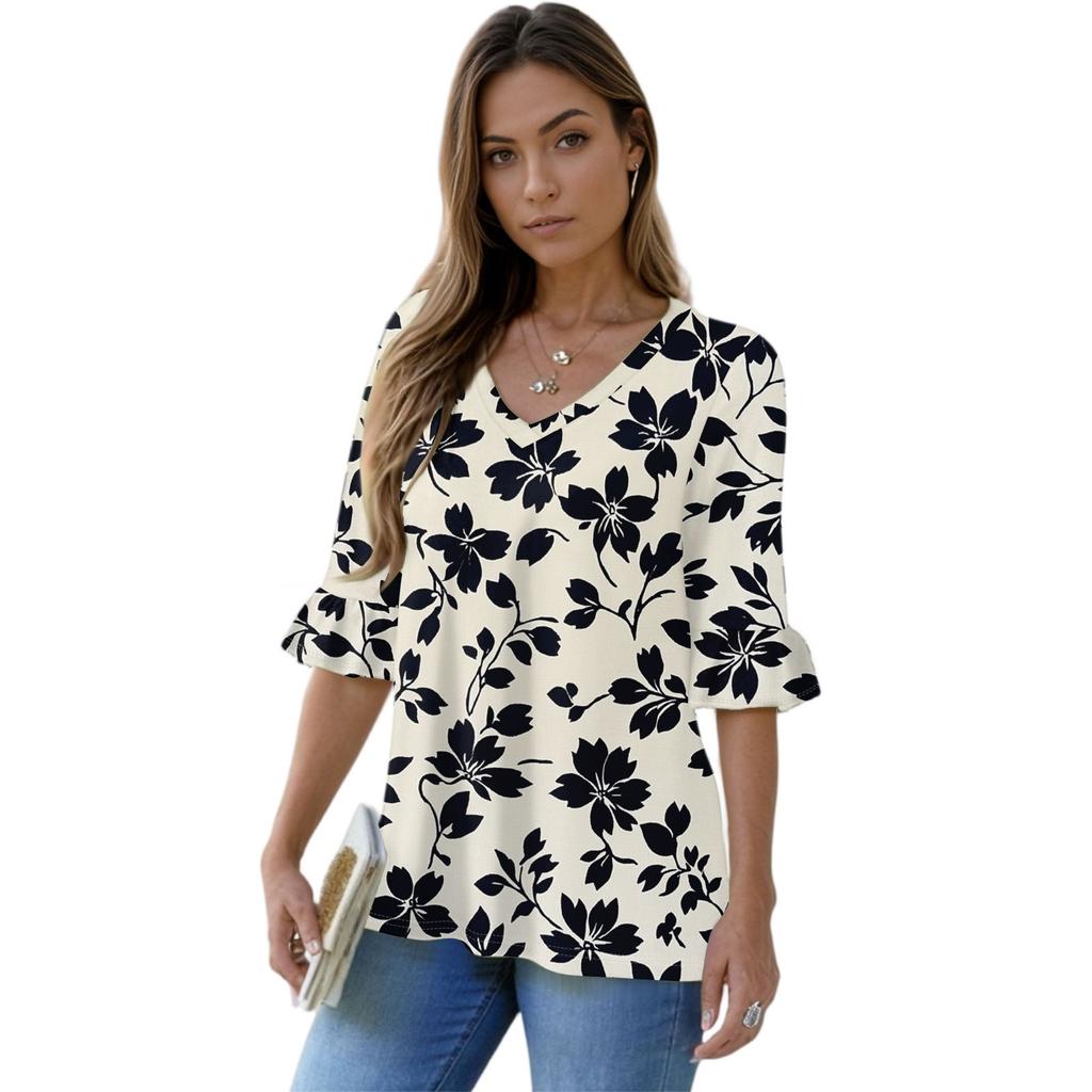 Women's Casual 3/4 Sleeve Tops V-Neck Sleeve T-Shirt Floral Print Tops