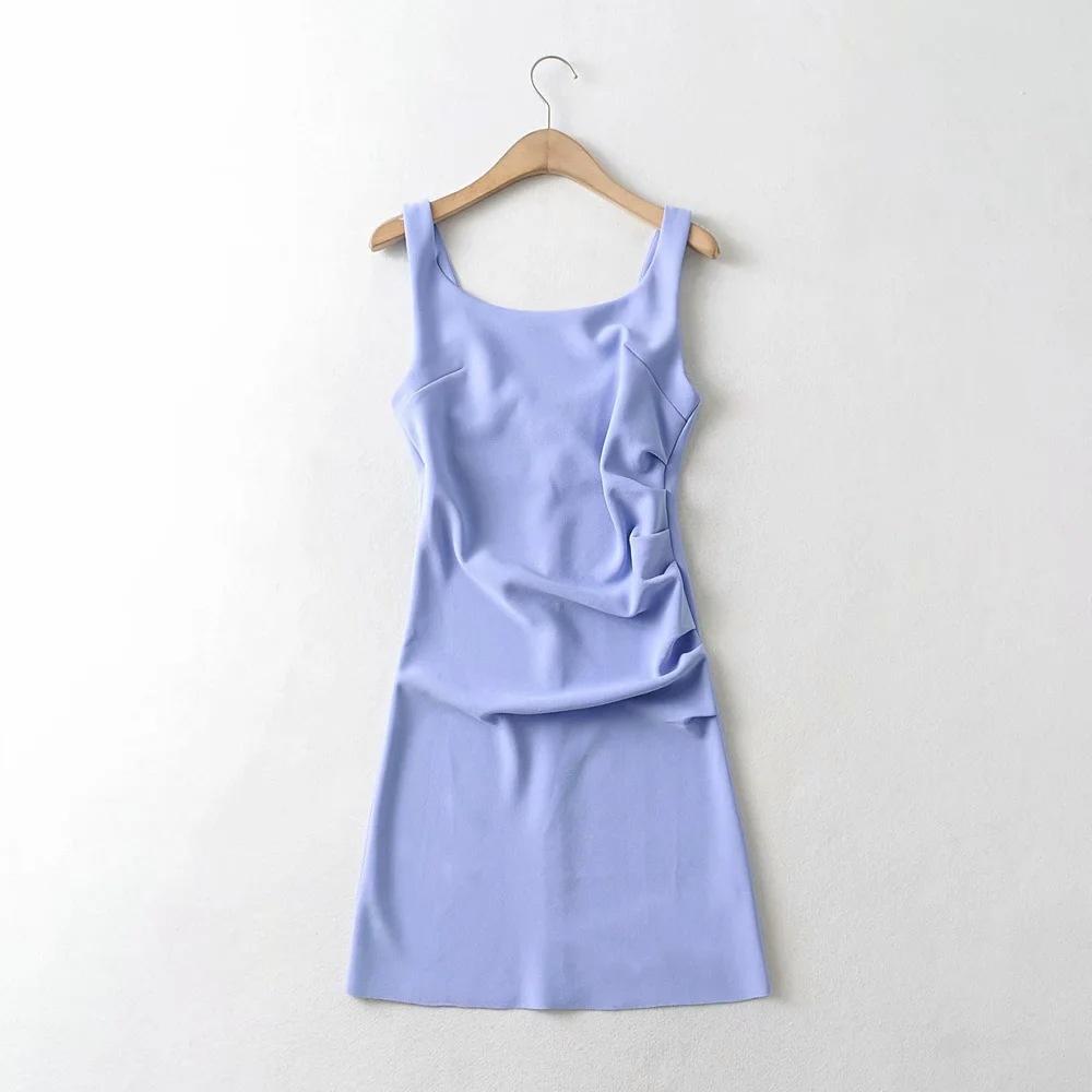 2025 Side Pleated Vest Dress, European And American Style Women'S New Solid Color Tight Strap Dress