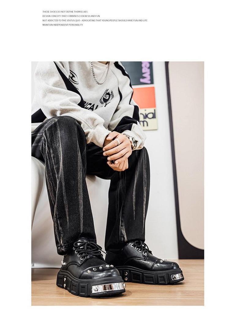 2025 Autumn Men's Black Derby Shoes - Korean Style Trendy Casual Leather with Height Increasing Thick Sole