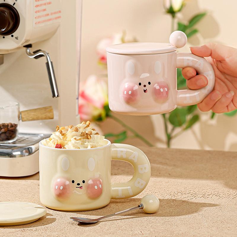 Embossed cute rabbit mug with cover wind niche design sense cute card ceramic cup creative water cup coffee cup household