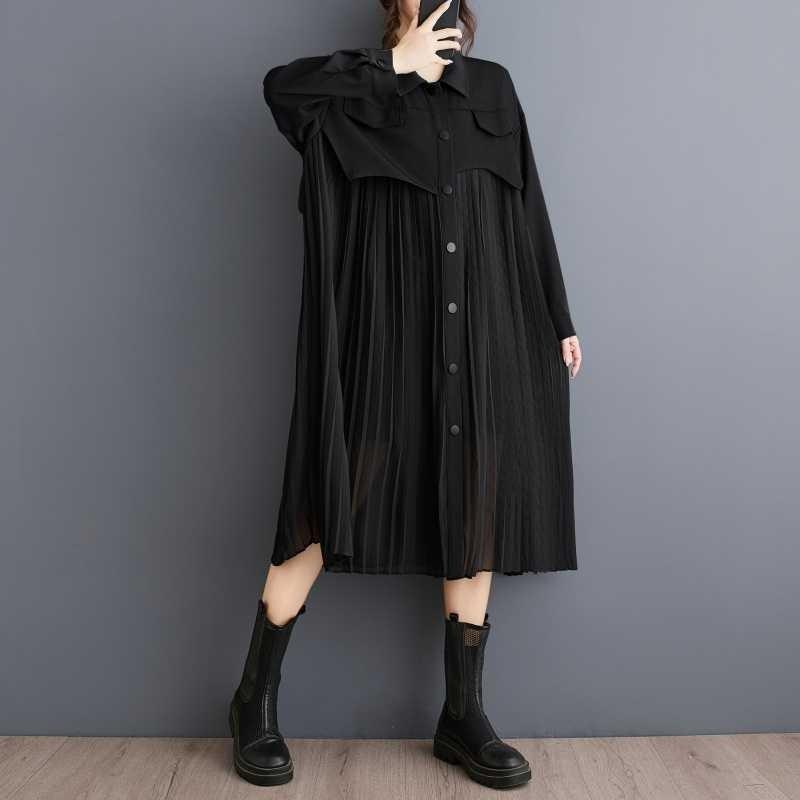 Niche Long Sleeve Loose Patchwork Pleated Dress