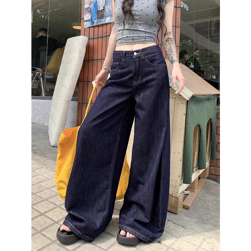 Autumn 2024: Women's Retro Dark Blue Wide-Leg Floor-Length Jeans