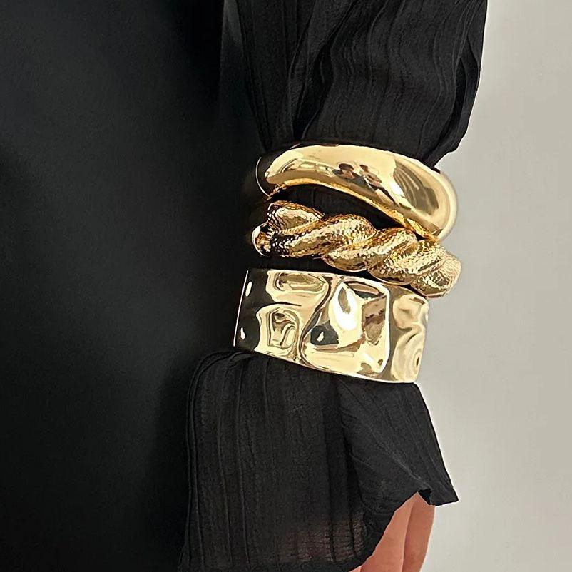 DIEZI Bohemian Gold Silver Color Metal Wide Cuff Bangles Vintage Punk Hip Hop Spring Bracelets For Women Men Gift Jewelry