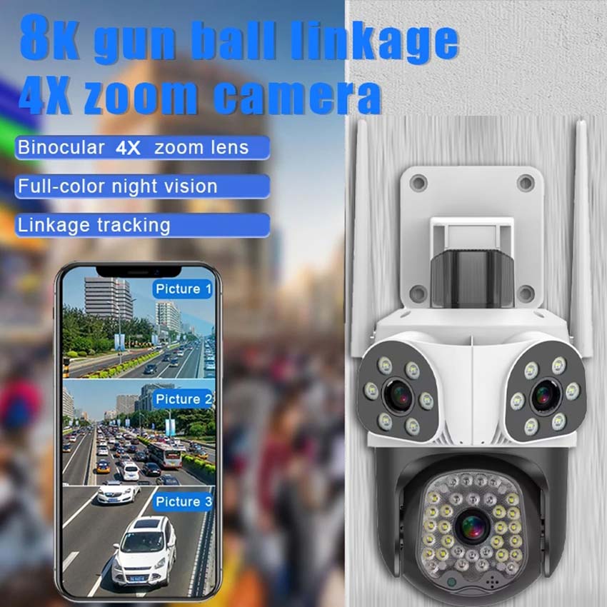 15MP 8K WiFi IP Three Lens Outdoor PTZ Camera 4X Zoom AI Tracking Surveillance Cameras Smart Security Protection CCTV Cam