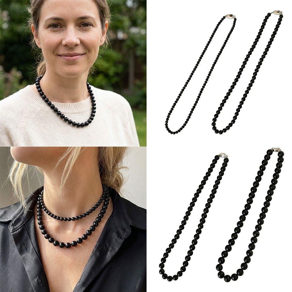 Copper Gold Black Agate Necklace Silver Plated Coin Buckle Chokers Imitation Pearl Necklace Women