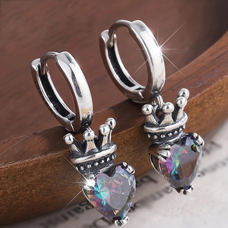 

Huitan Vintage Crown Multicolored Heart CZ Dangle Earrings for Women Personality Anti Copper Color Love Earrings Daily Zircon