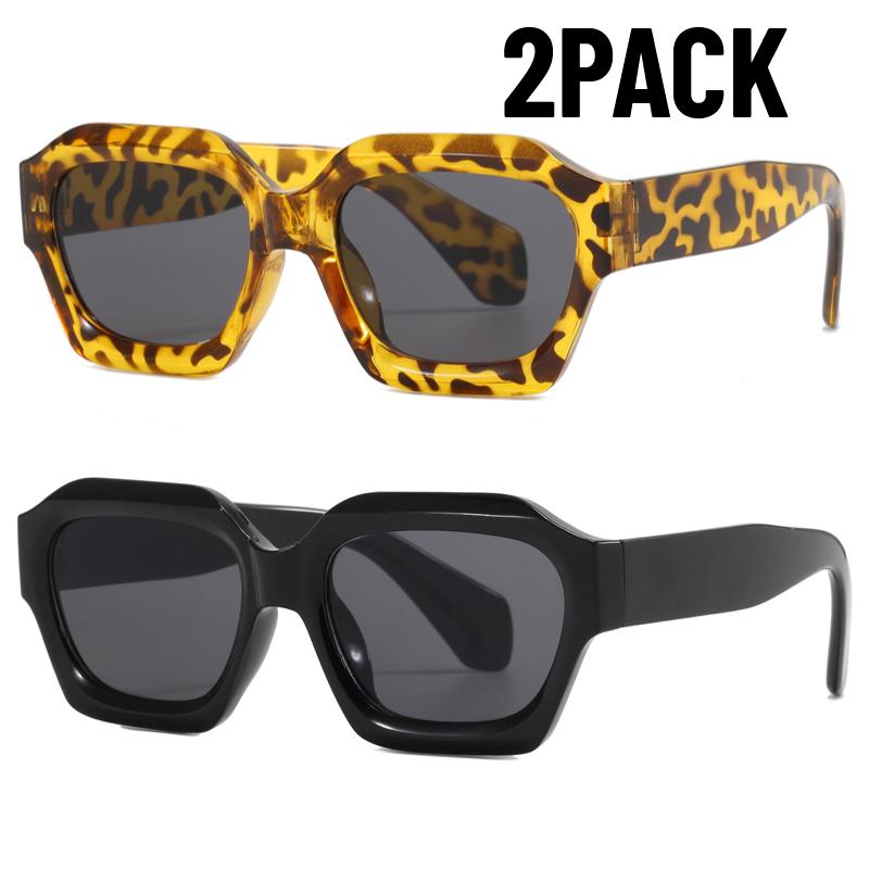 2PCS New Fashion Black Small Rectangular Thick Frame Sunglasses for Men and Women Rectangular Summer Wear Outdoor Travel Shades