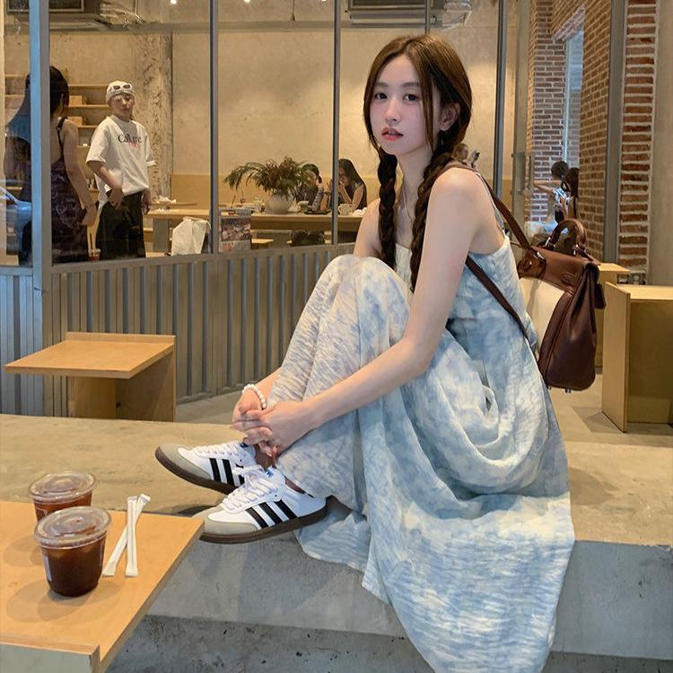 Monet Garden summer smudge romantic dress new temperament French long dress waist floral suspender skirt