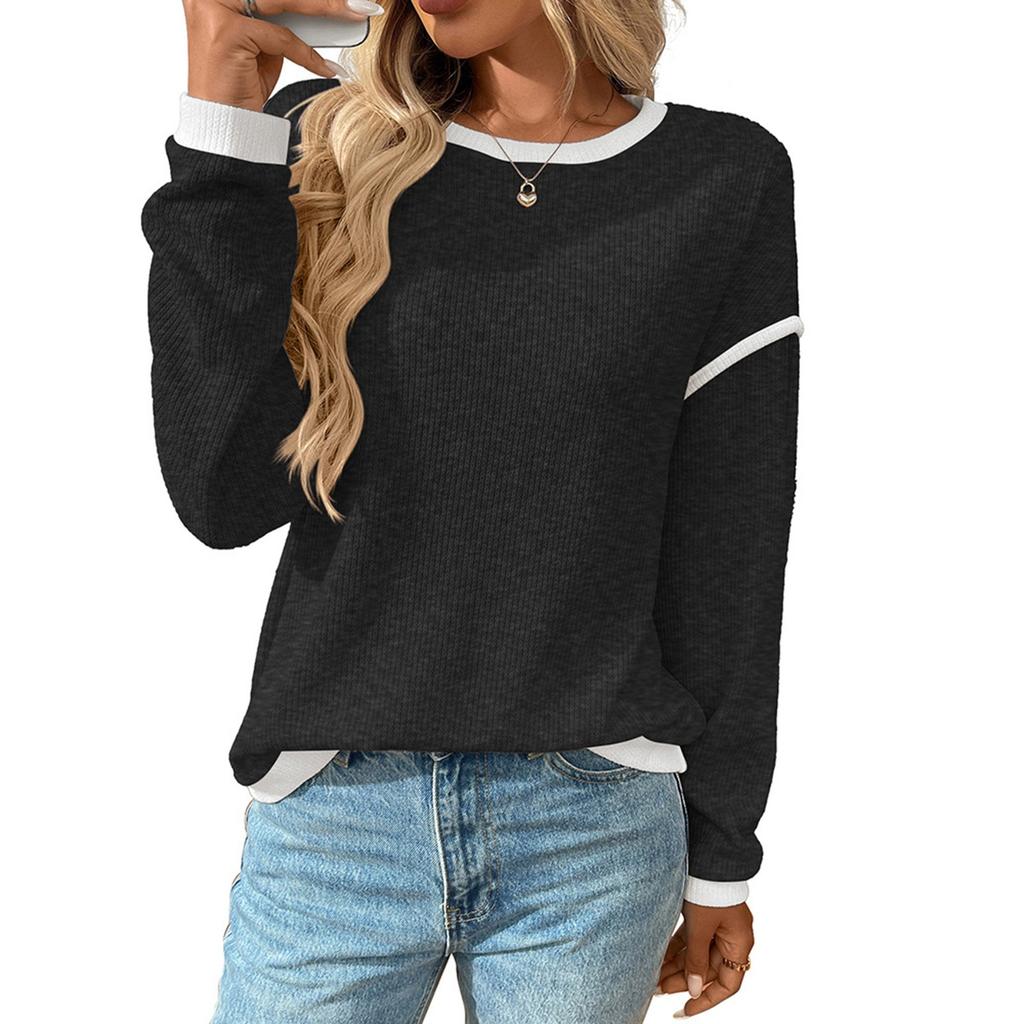Women's Fashion Round Neck Imitation Sweater Long Sleeve Colour Block Loose Top