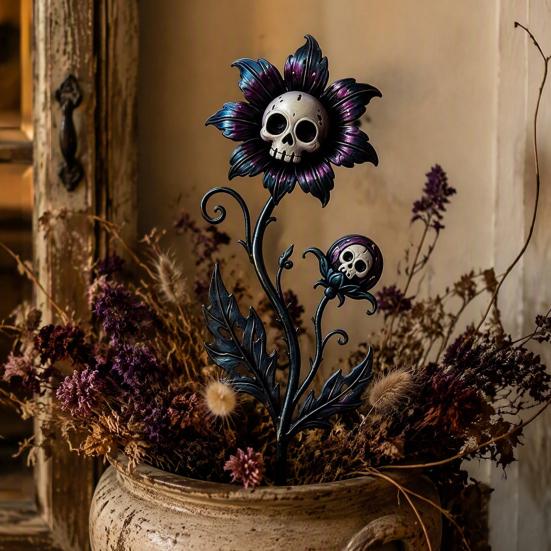 Scary Garden Ornaments Halloween Stake, Waterproof Spooky Skull Flower Lawn Art, 2D Creepy Decorative Stakes Metal Plant Stake for Porch, Patio, Lawn,