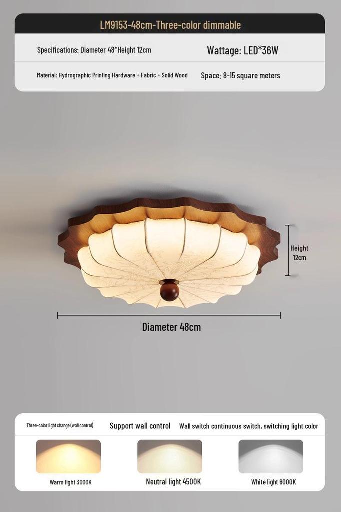 Walnut Wood Grain Wabi-Sabi Bedroom Ceiling Light, Retro Fabric Design, Atmospheric Eye Protection Fixture