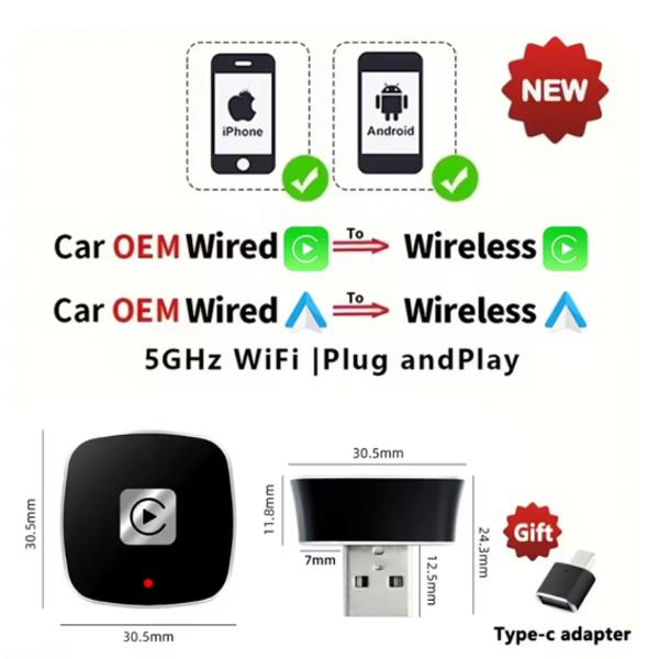 Wireless Carplay Adapter for Android iPhone Auto 2 in1 Wired to Wireless AI Box USB Connection for Volvo Benz Mg Kia Chery VW