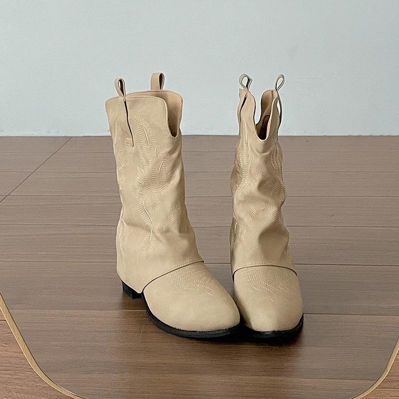 

Винтажные осенние женские ковбойские сапоги на толстом каблуке, модные женские короткие ботильоны с вышивкой, слипоны 35 бежевый