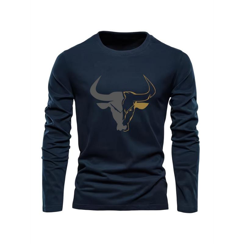 Men's Loose Fit Plus Size Comfortable Casual Sports Bull Pattern Printed Round Neck Long Sleeved T-shirt Top