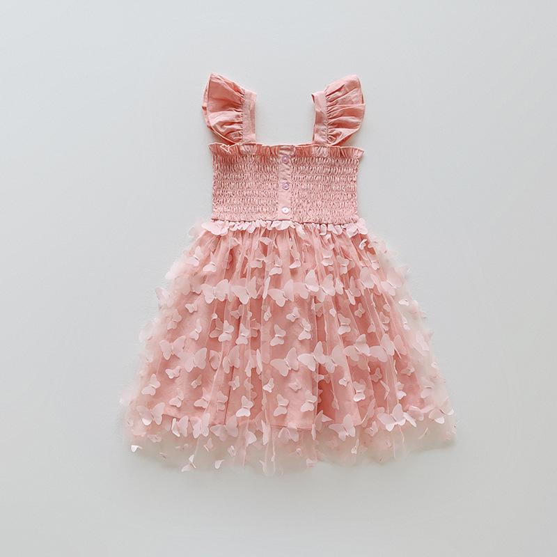 3D Butterfly Mesh Puff Sleeve Girls' Dress - 2025 Summer Smocked Waist Baby Princess Style