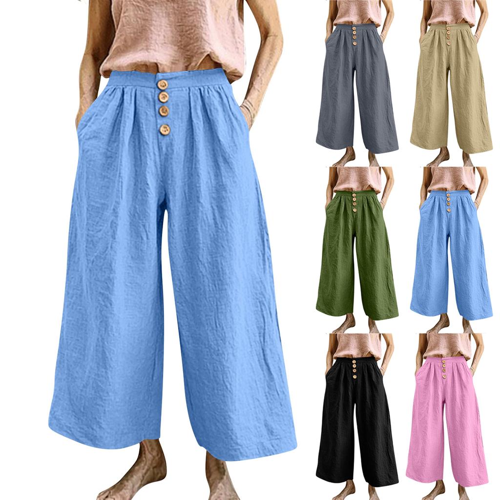 Wide Leg Cropped Pants for Women High Waist Button Front Loose Fit Casual Trousers with Pockets Lightweight Fabric