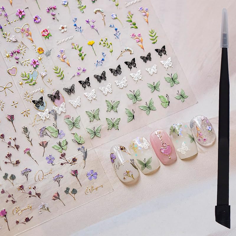 Flower Nail Stickers for Nail Art Decals Charms,5D Embossed Floral Butterfly and Heart Gem, Self-Adhesive 5 Styles Craft Nail Supplies 2 Sheets with