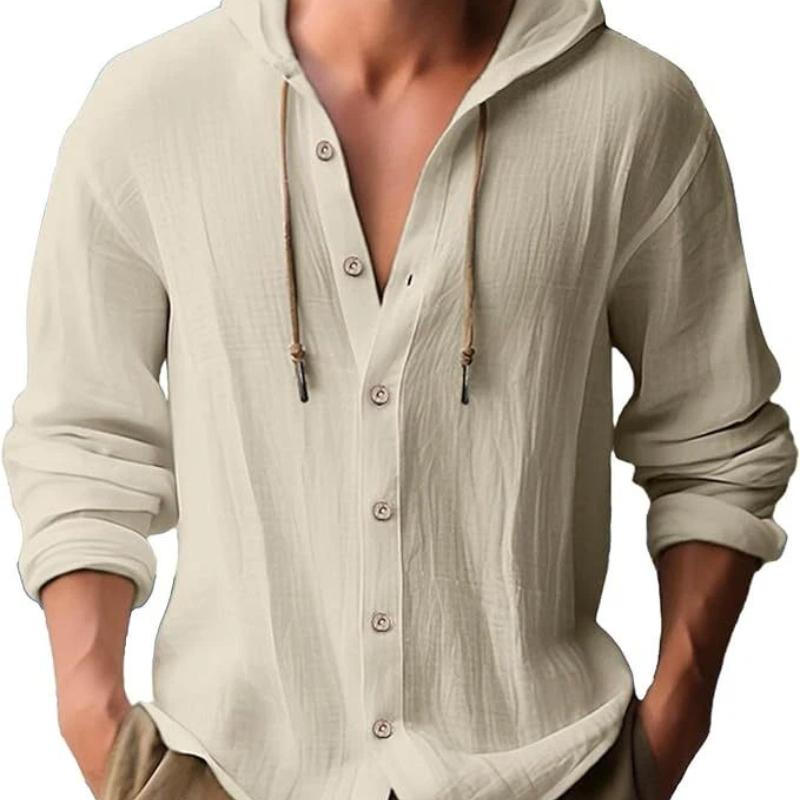 Spring and Summer Long Sleeve Men's Casual Shirt European Style Hooded Top Button Loose Shirt