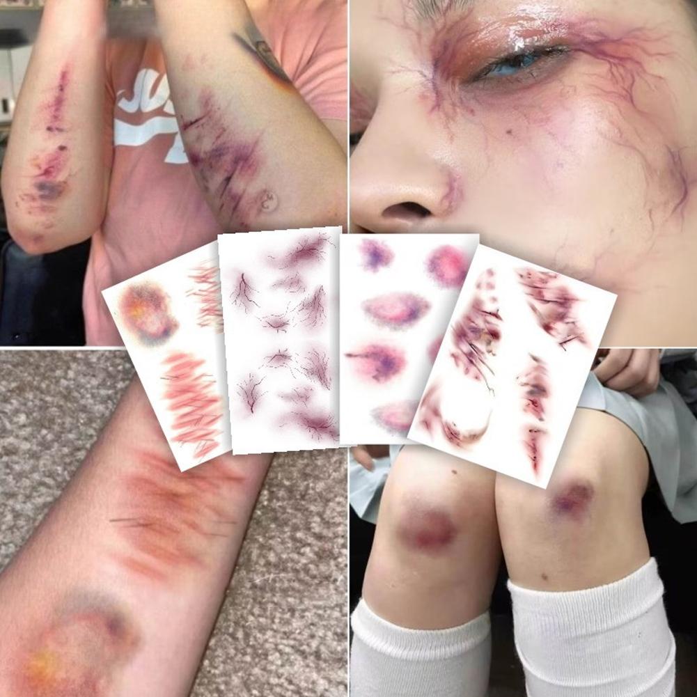 Horror Realistic Fake Bloody Wound Stitch Scar Scab Waterproof Temporary Tattoo Sticker Halloween Masquerade Prank Makeup Props