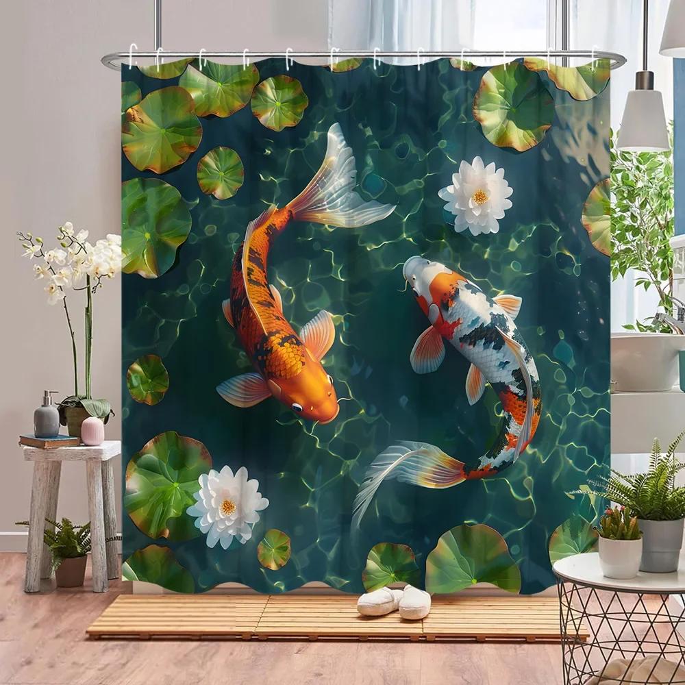 Koi Shower Curtain Asian Landscape Cherry Blossom Plant Pond Lotus Leaf Ink Painting Art Polyester Fabric Bathroom Decor Curtain