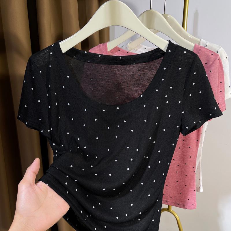 Women's Ultra-Thin Polka Dot Low-Neck Short-Sleeve Knit Top for Summer 2024