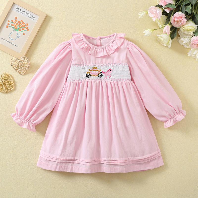 Spring Autumn Girls Cotton Long Sleeve Dress Sweet Lace Collar Shirred British Cute Princess Dress For Kids 80cm розовый