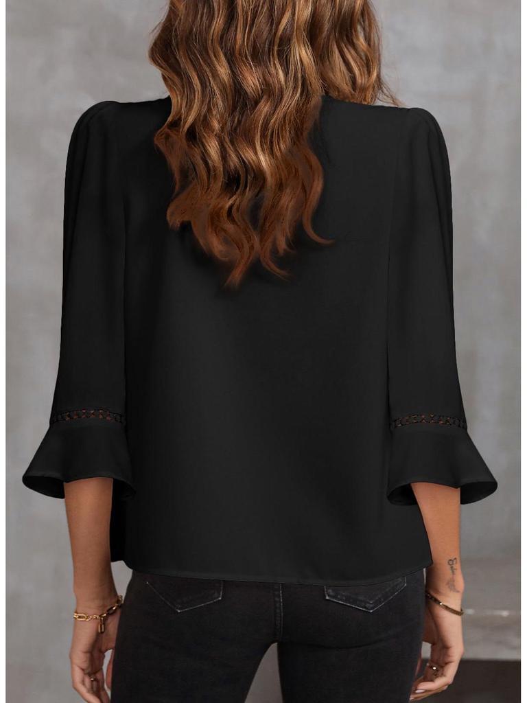 2026 Ny V-ringad Satinklänning Dam Puffärm Enfärgad Lös Passform Topp